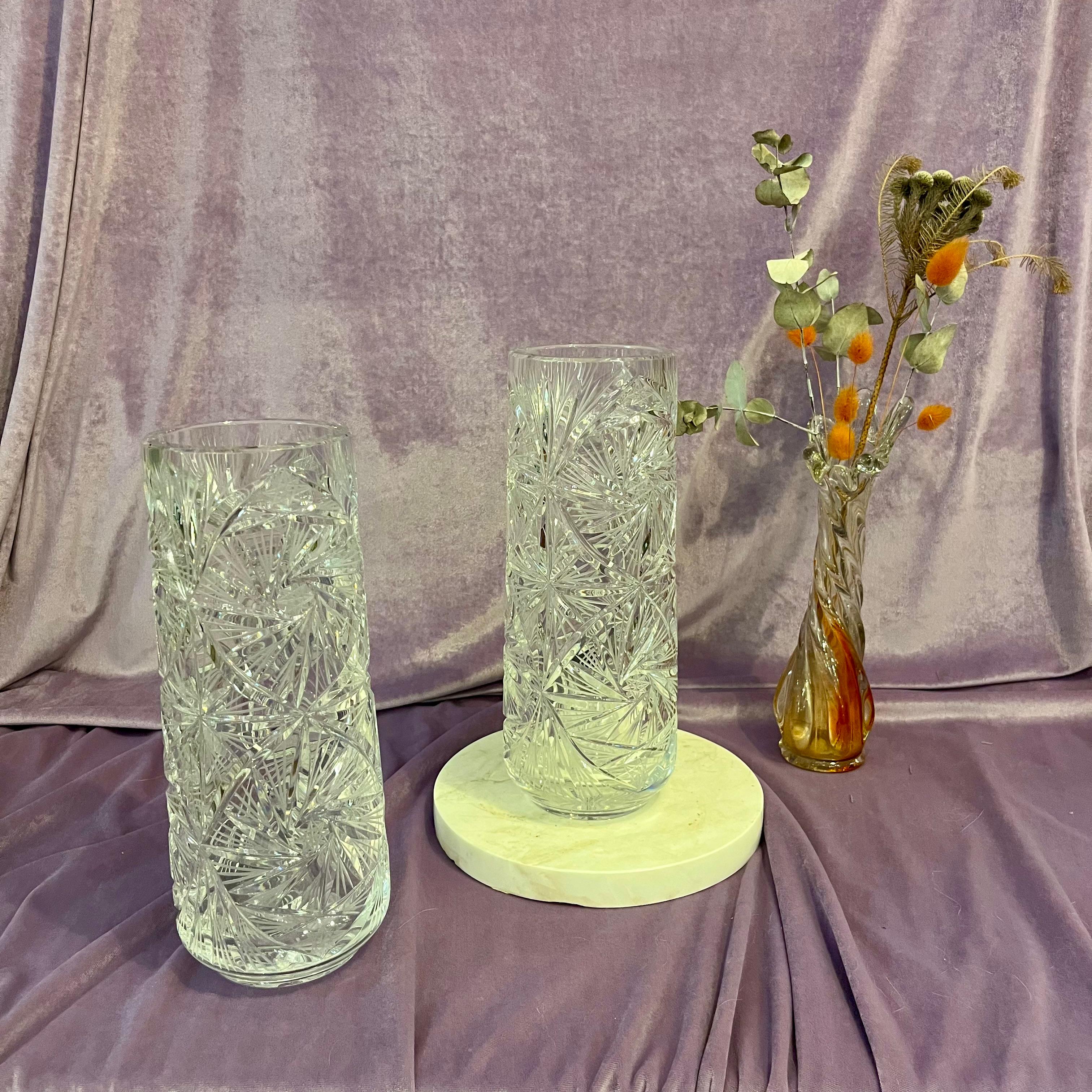 Pair of Vintage Cut Crystal Star Burst Pattern Cylindrical Vases