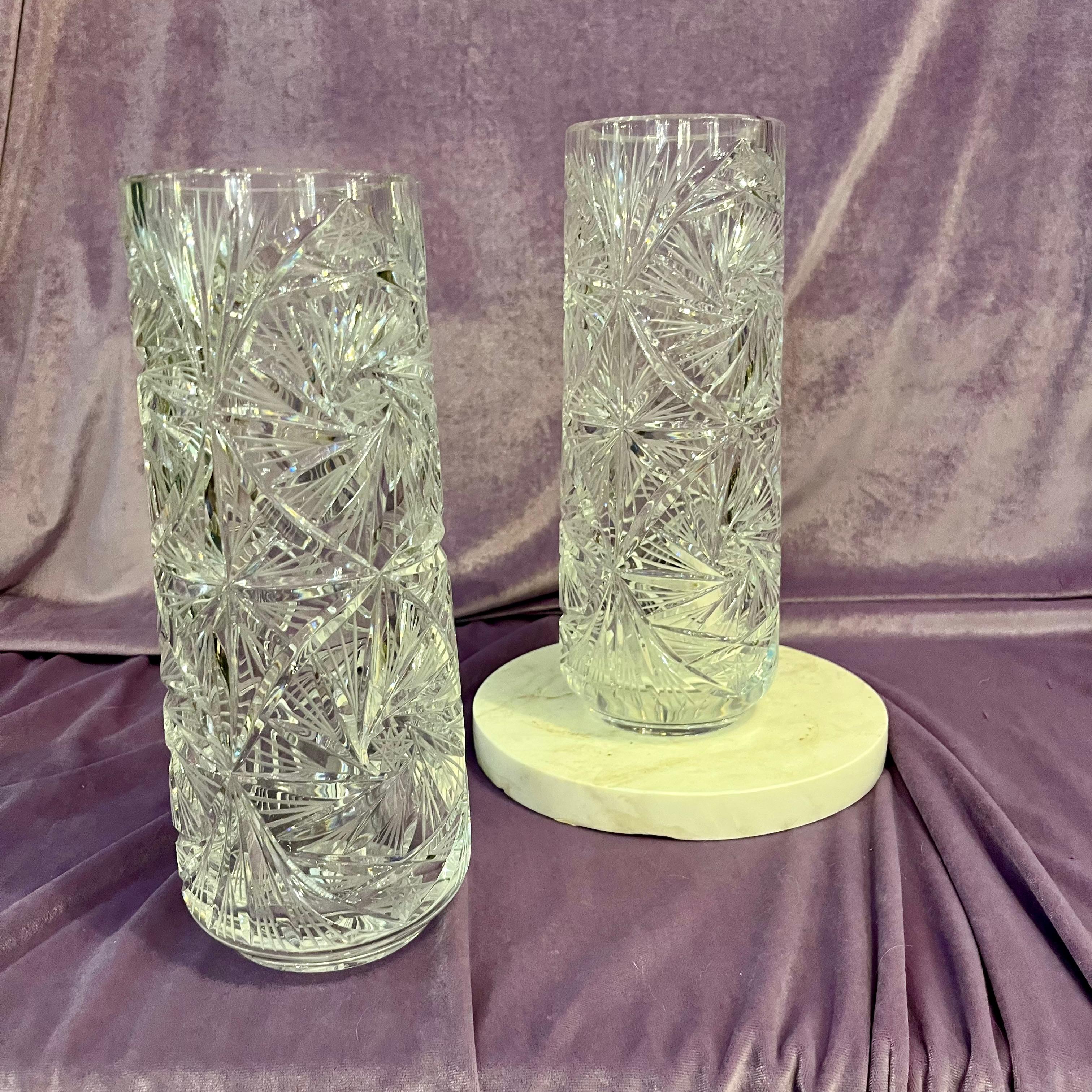 Pair of Vintage Cut Crystal Star Burst Pattern Cylindrical Vases