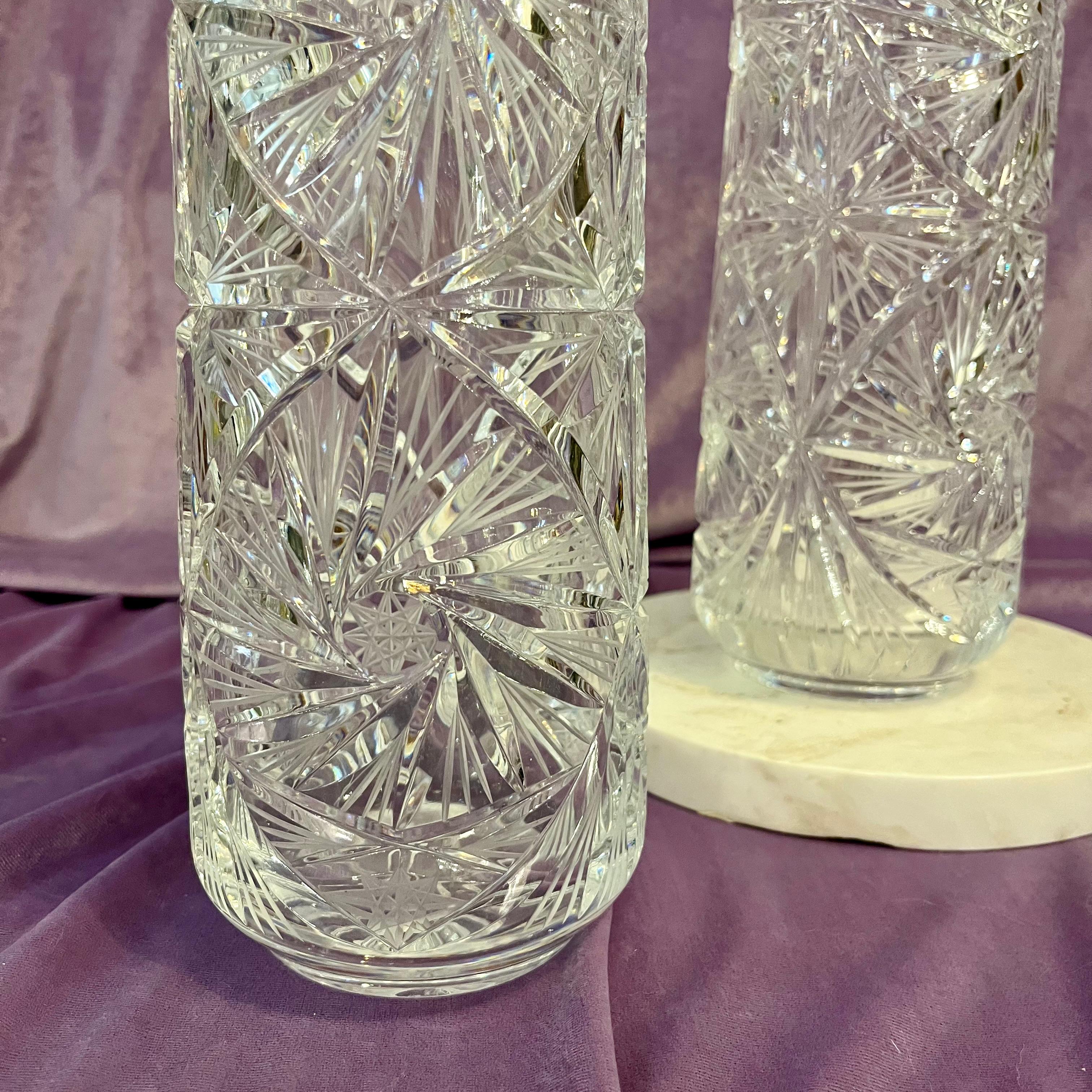 Pair of Vintage Cut Crystal Star Burst Pattern Cylindrical Vases