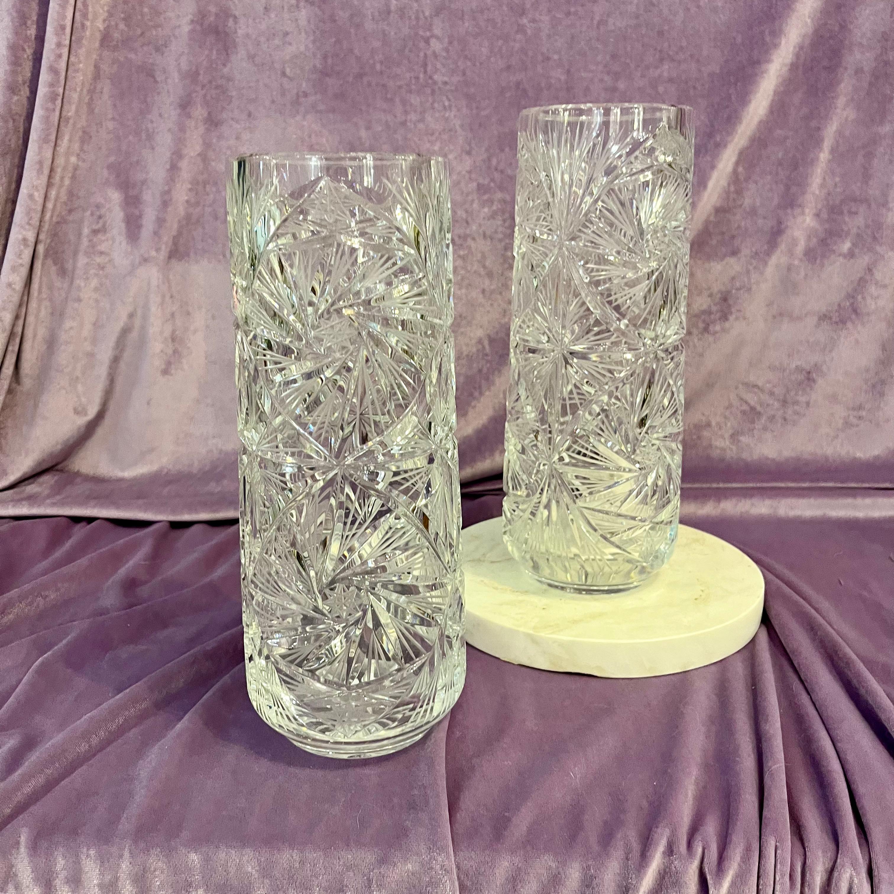 Pair of Vintage Cut Crystal Star Burst Pattern Cylindrical Vases