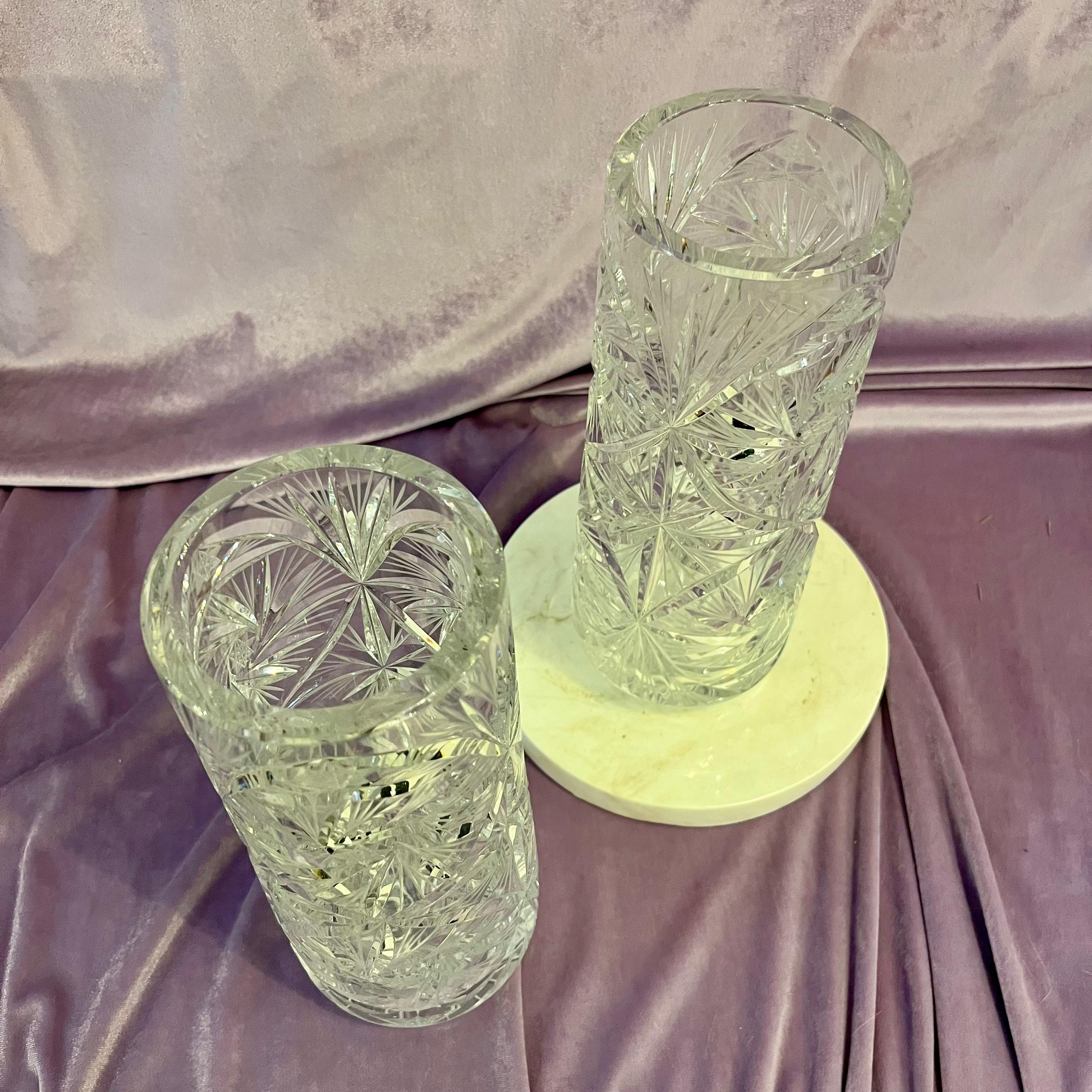 Pair of Vintage Cut Crystal Star Burst Pattern Cylindrical Vases