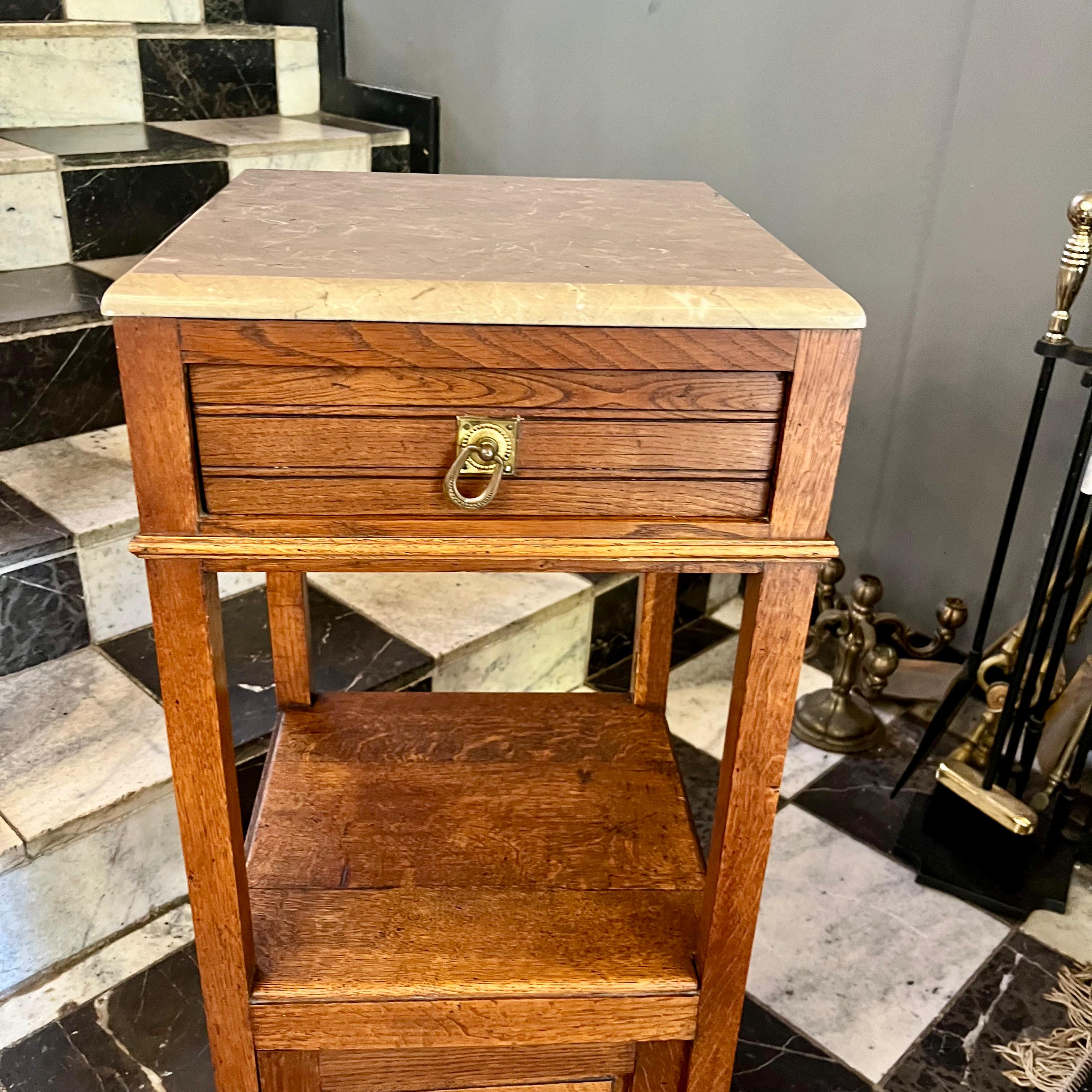 French Oak Pedestal with Beige Marble Top