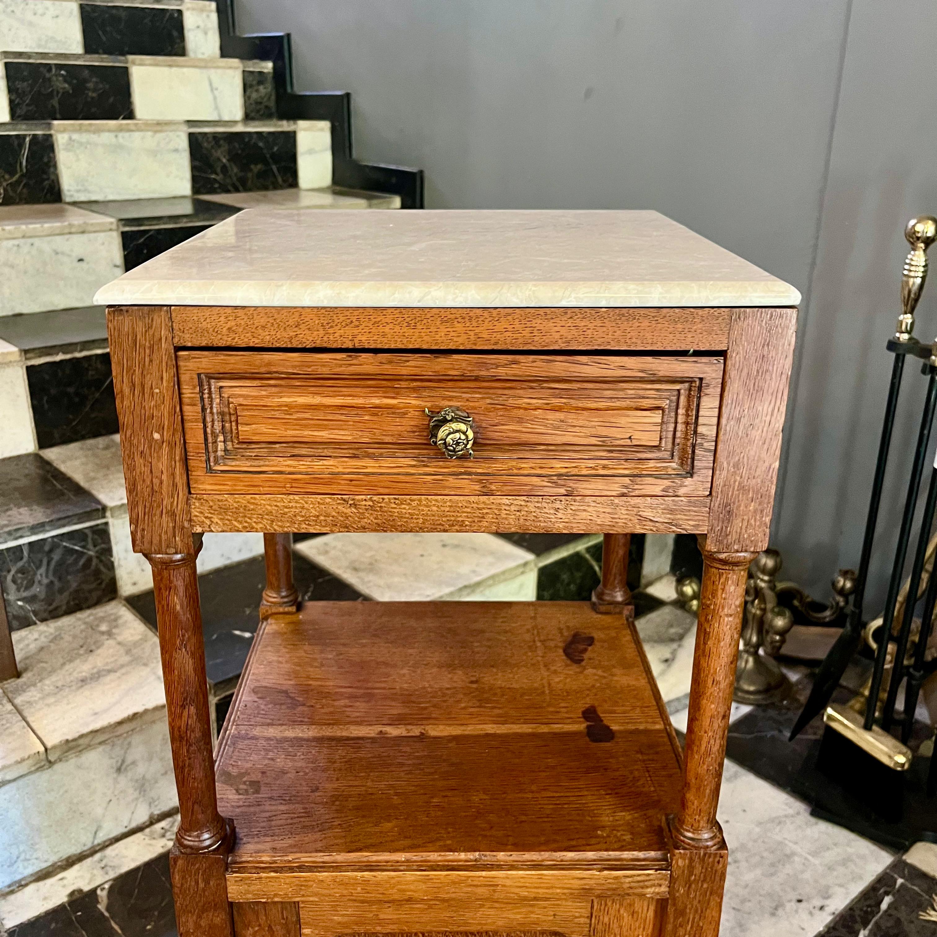 Antique French Oak Pedestal with Beige Marble Top