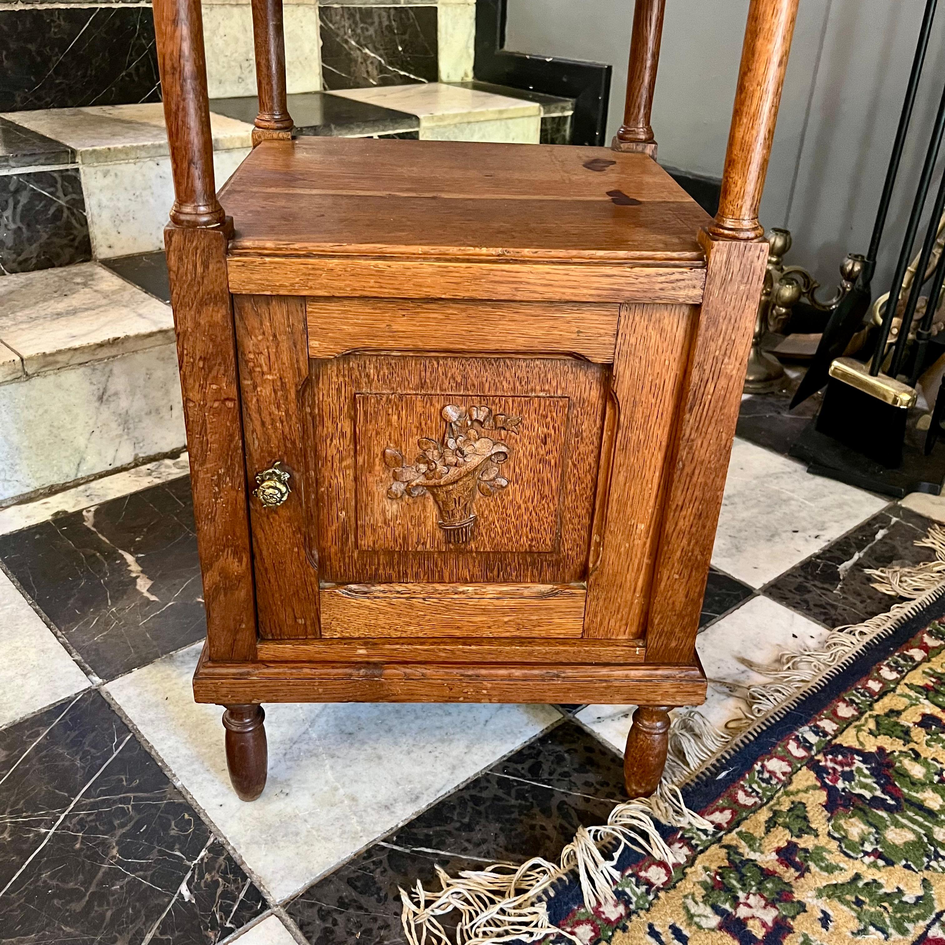 Antique French Oak Pedestal with Beige Marble Top