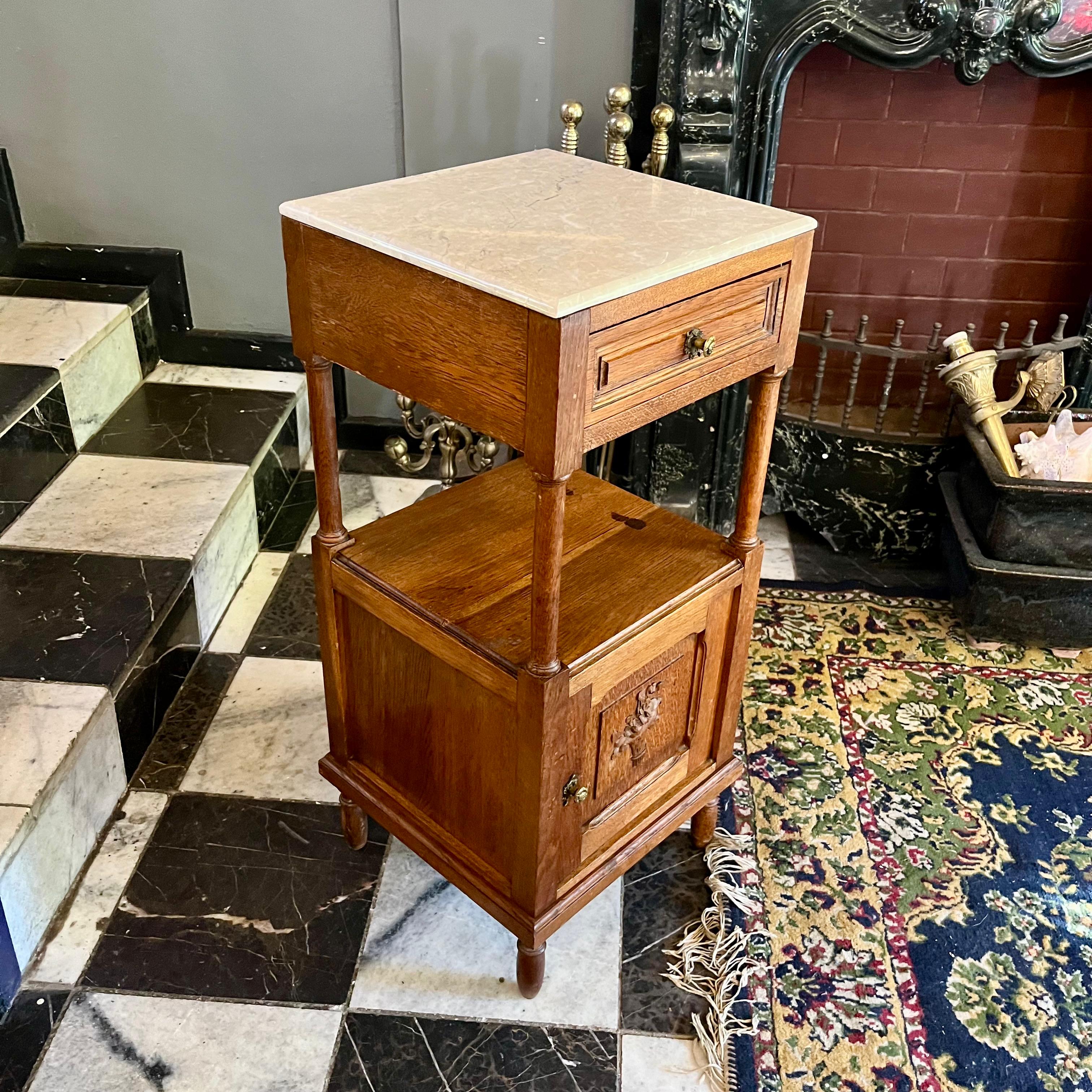 Antique French Oak Pedestal with Beige Marble Top