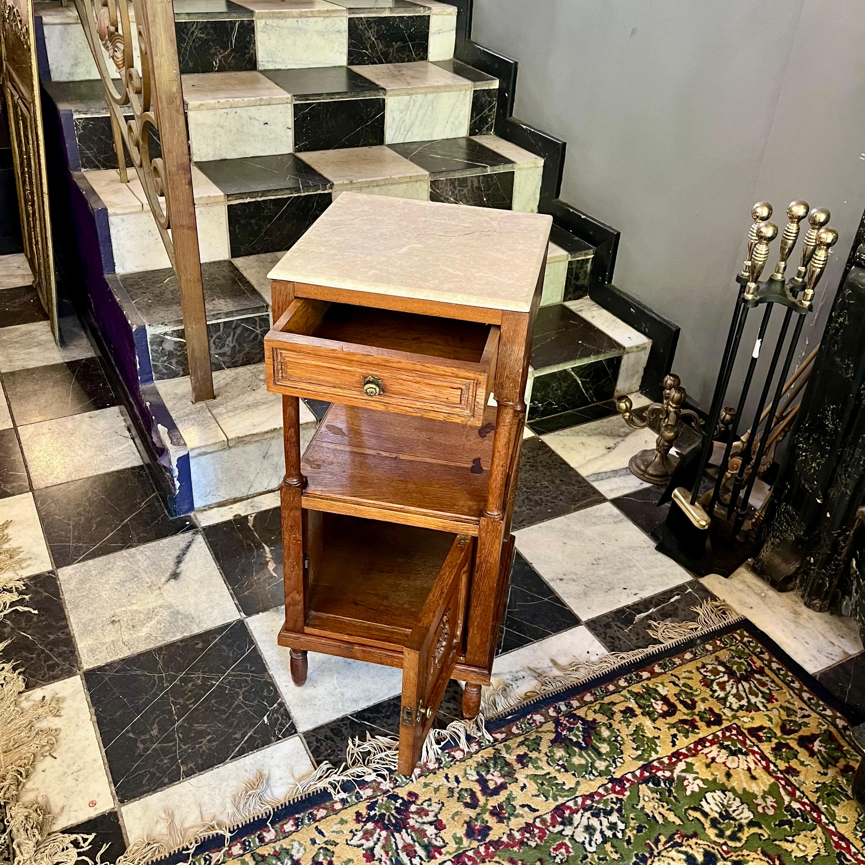 Antique French Oak Pedestal with Beige Marble Top