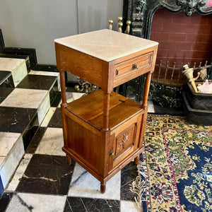 Antique French Oak Pedestal with Beige Marble Top