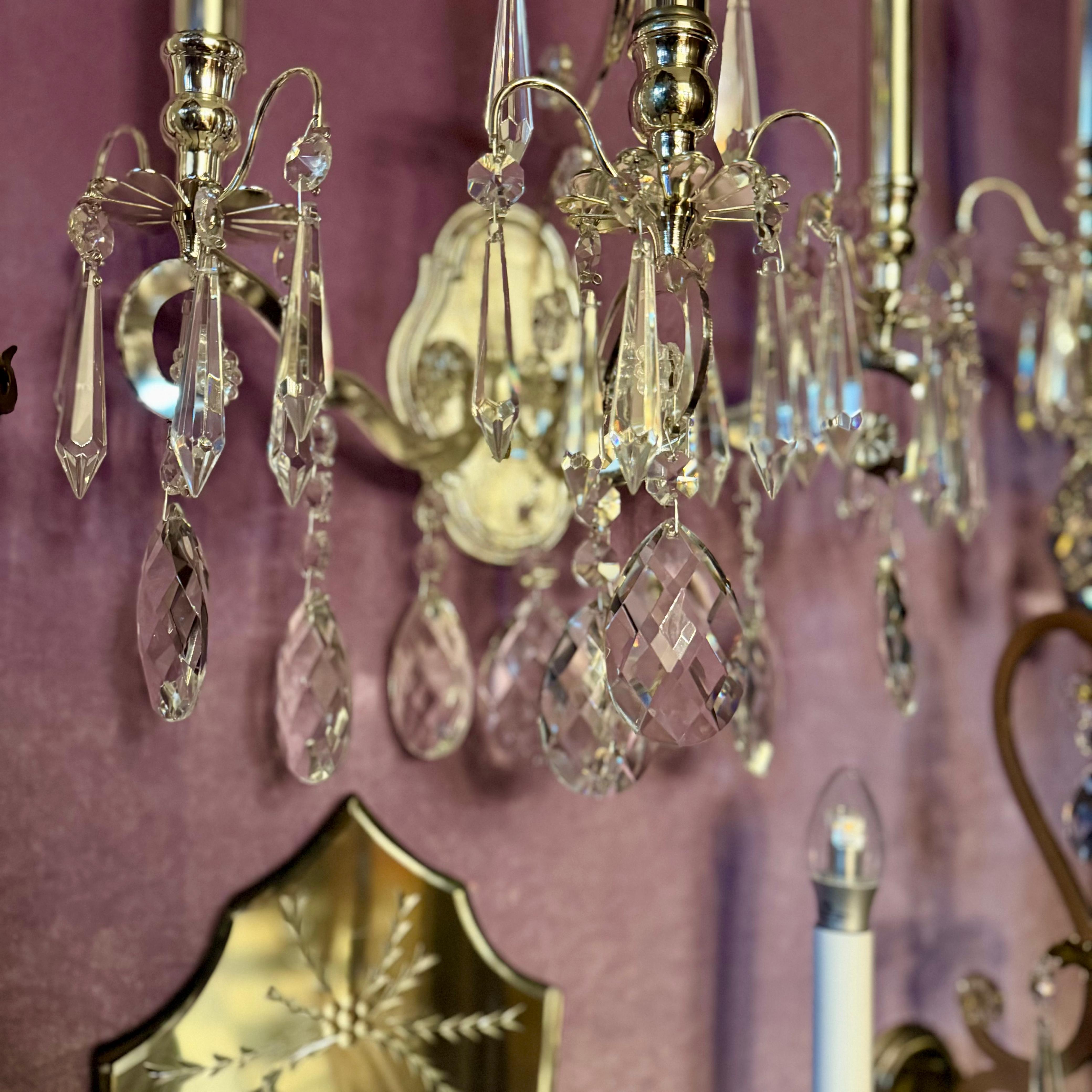 Polished Nickel and Crystal Three Arm Wall Sconce