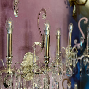 Polished Nickel and Crystal Three Arm Wall Sconce