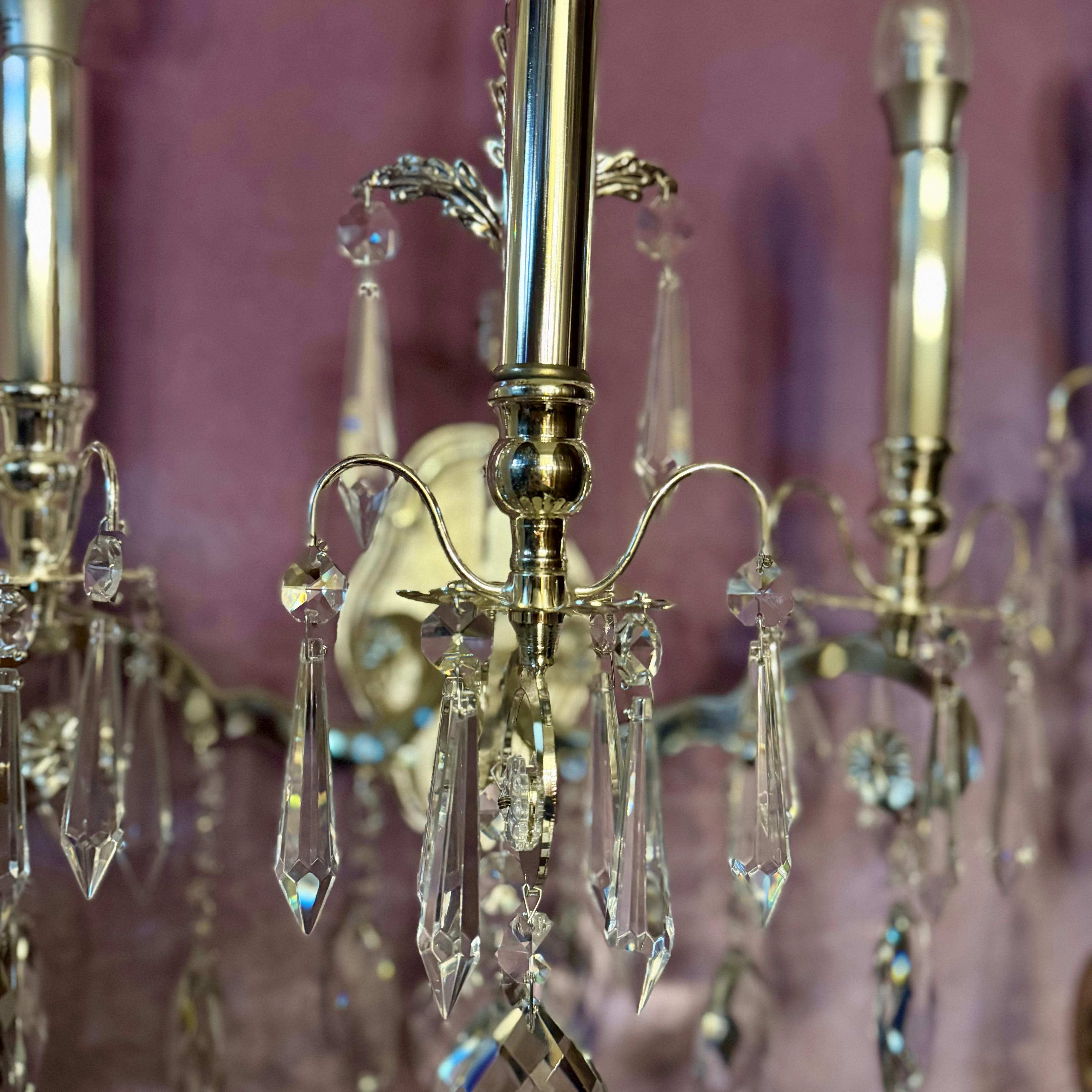 Polished Nickel and Crystal Three Arm Wall Sconce