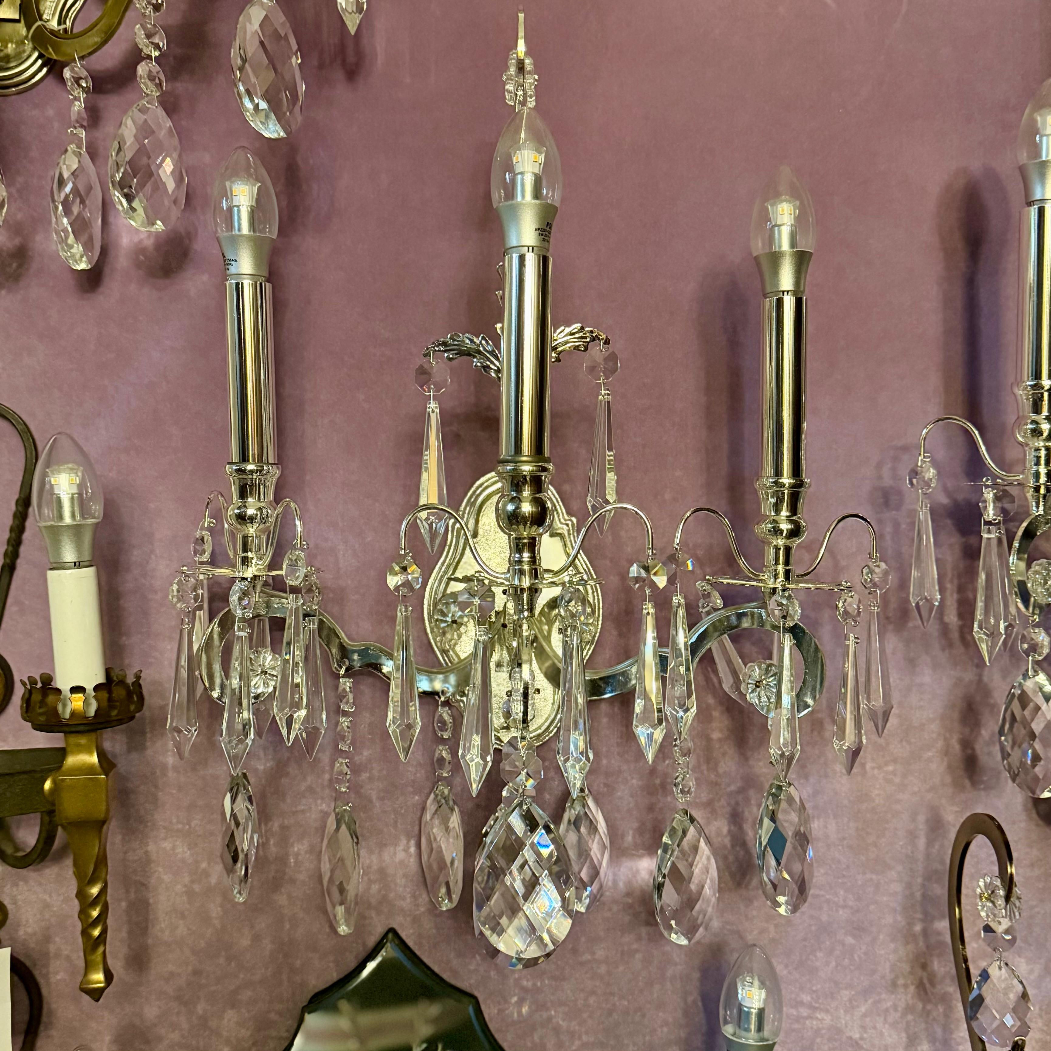 Polished Nickel and Crystal Three Arm Wall Sconce
