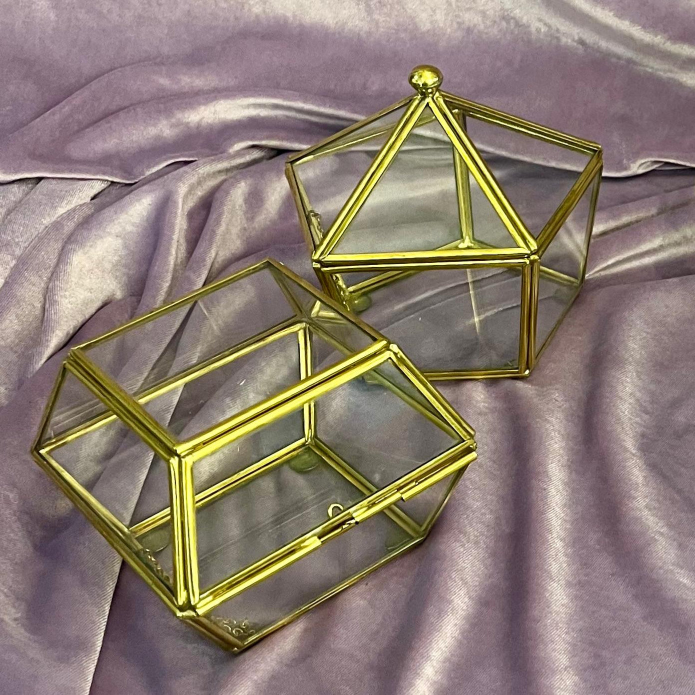 Geometric Glass Display with Brass Framing