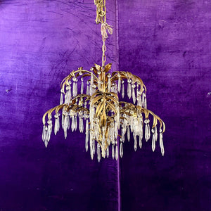 Unusual Palm Frond Chandelier with Original Antique Crystals
