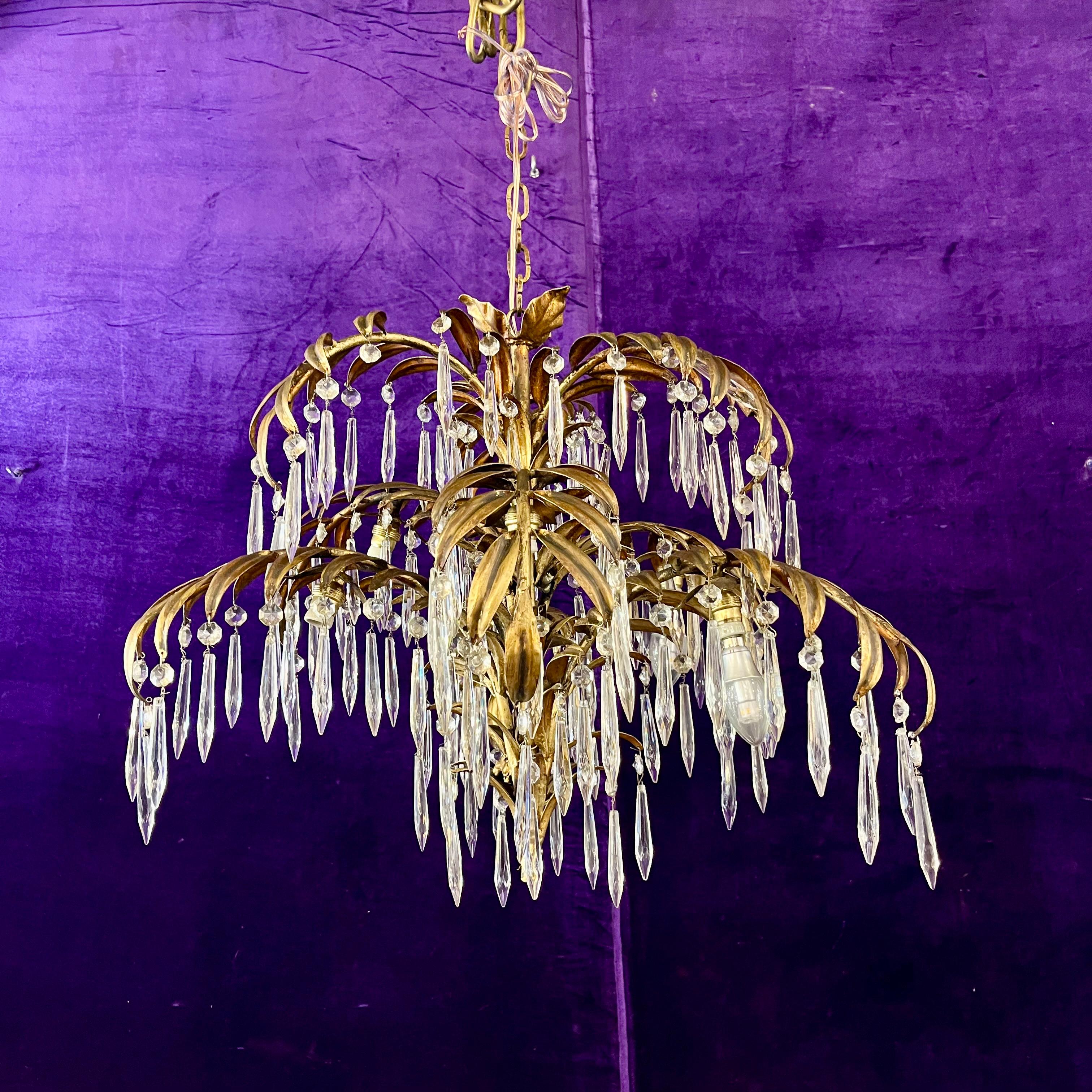 Unusual Palm Frond Chandelier with Original Antique Crystals