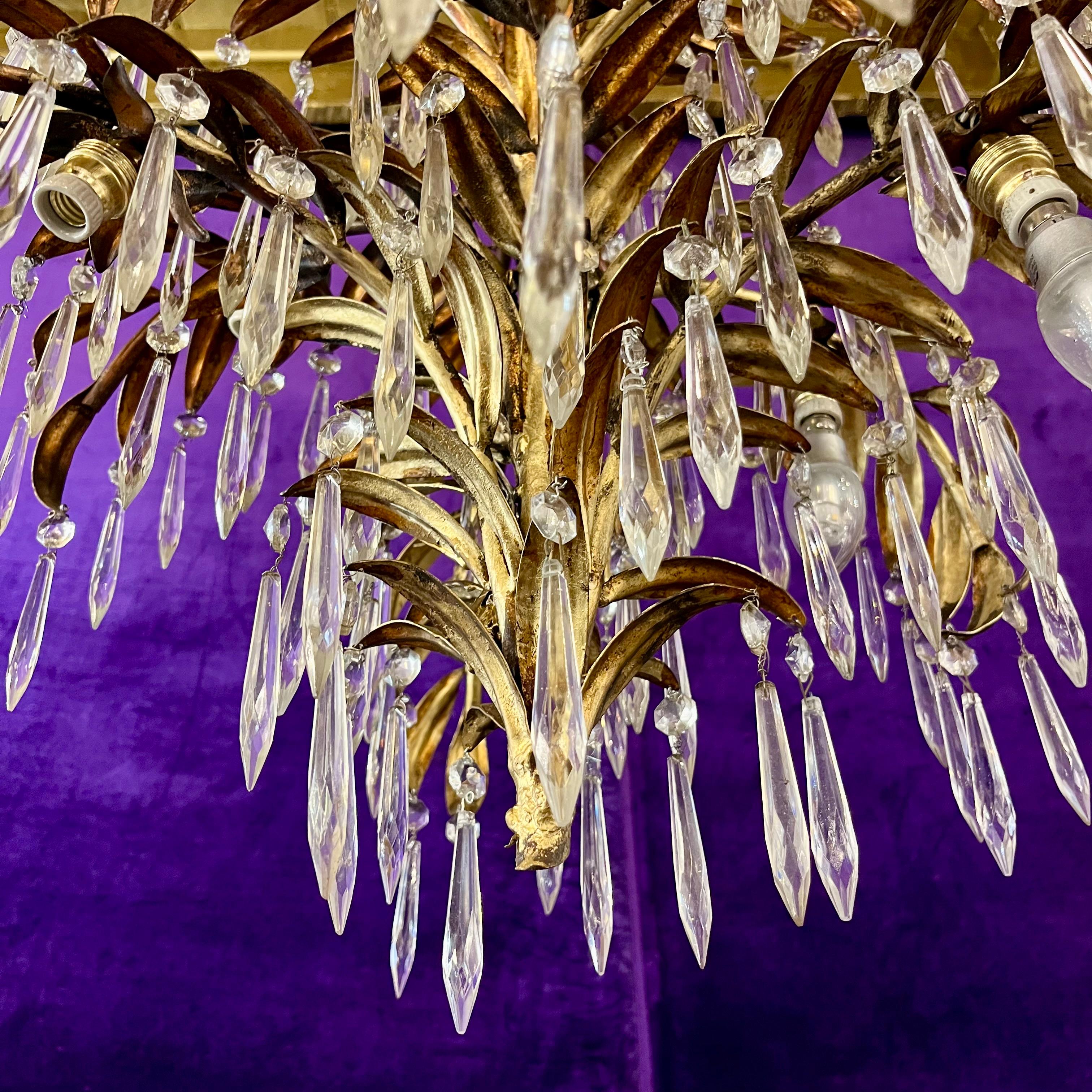 Unusual Palm Frond Chandelier with Original Antique Crystals