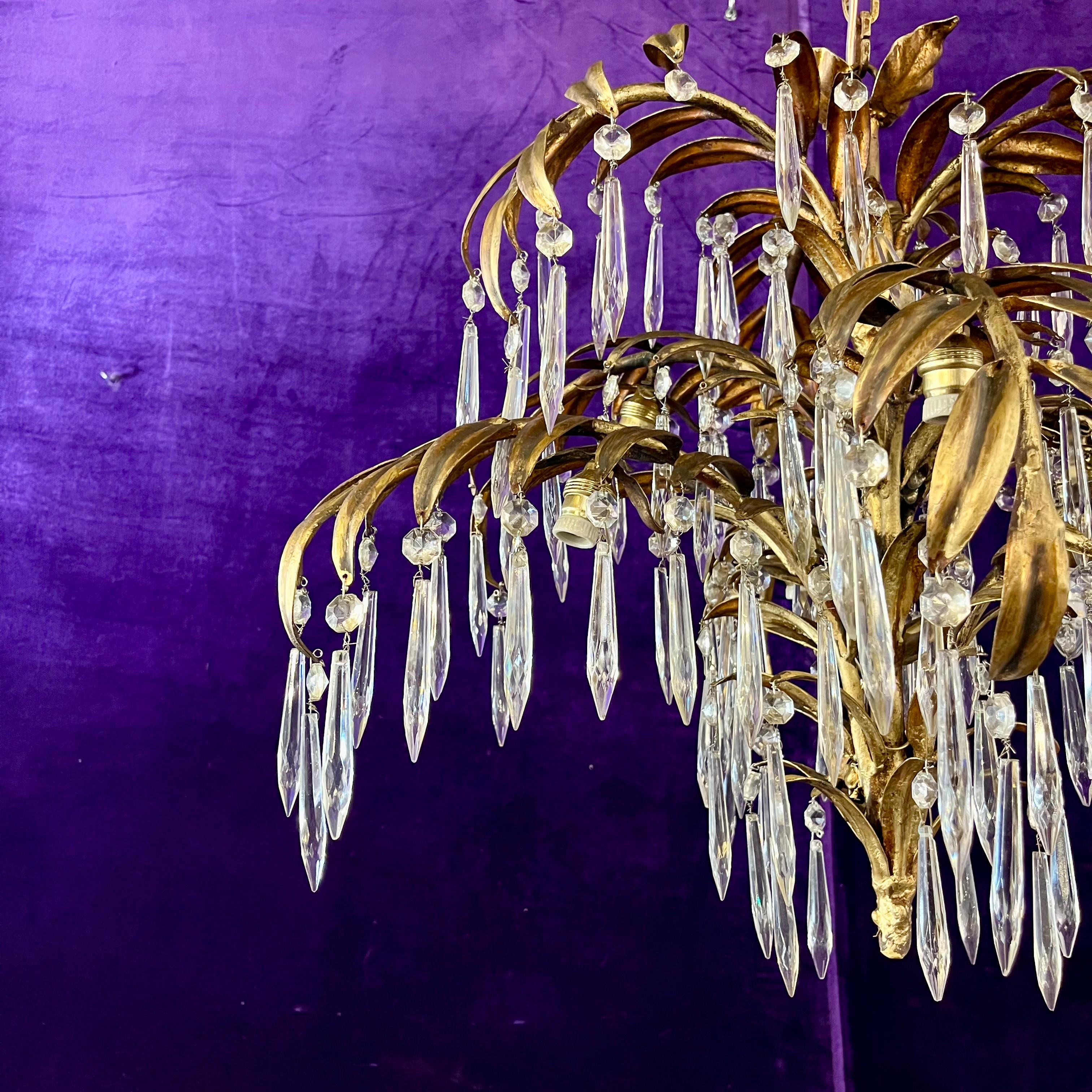 Unusual Palm Frond Chandelier with Original Antique Crystals