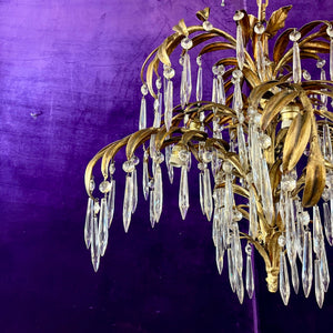 Unusual Palm Frond Chandelier with Original Antique Crystals