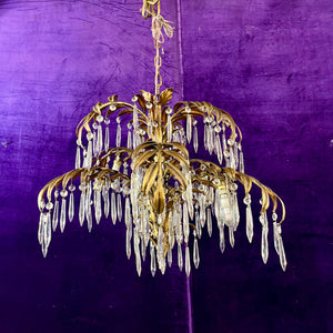 Unusual Palm Frond Chandelier with Original Antique Crystals
