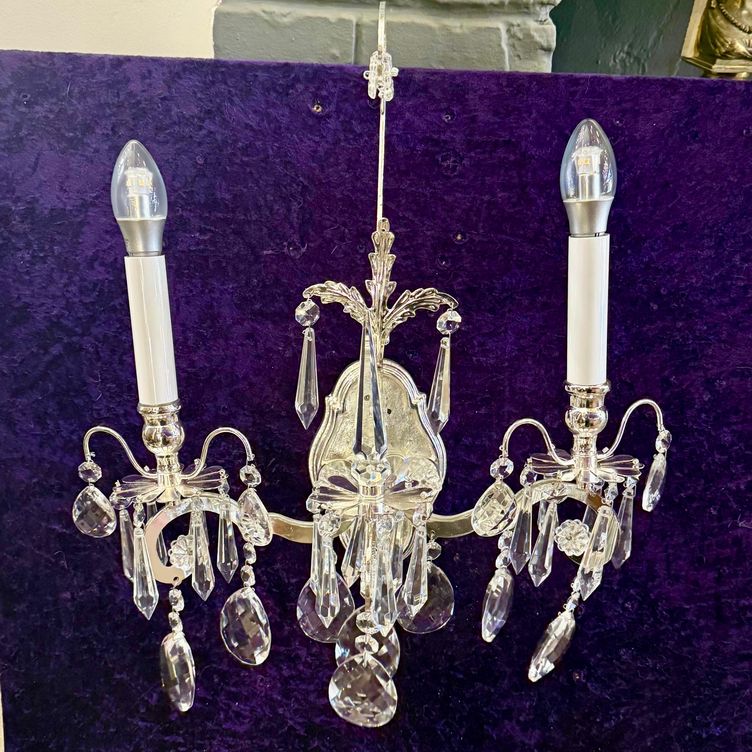 Beautiful Two Armed Nickel and Crystal Wall Sconce