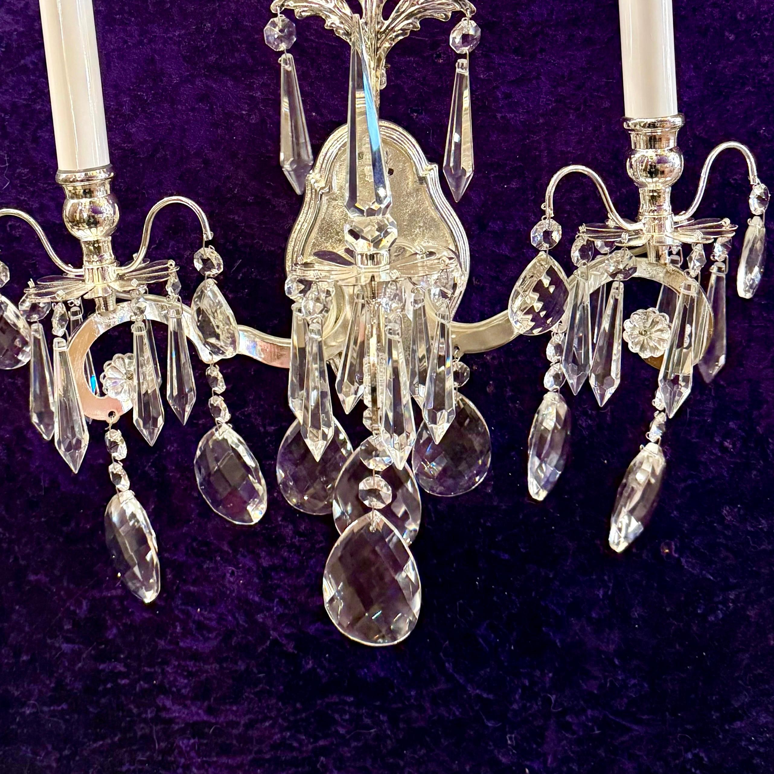 Beautiful Two Armed Nickel and Crystal Wall Sconce