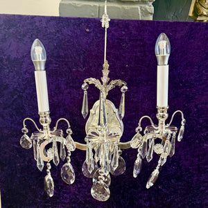 Beautiful Two Armed Nickel and Crystal Wall Sconce