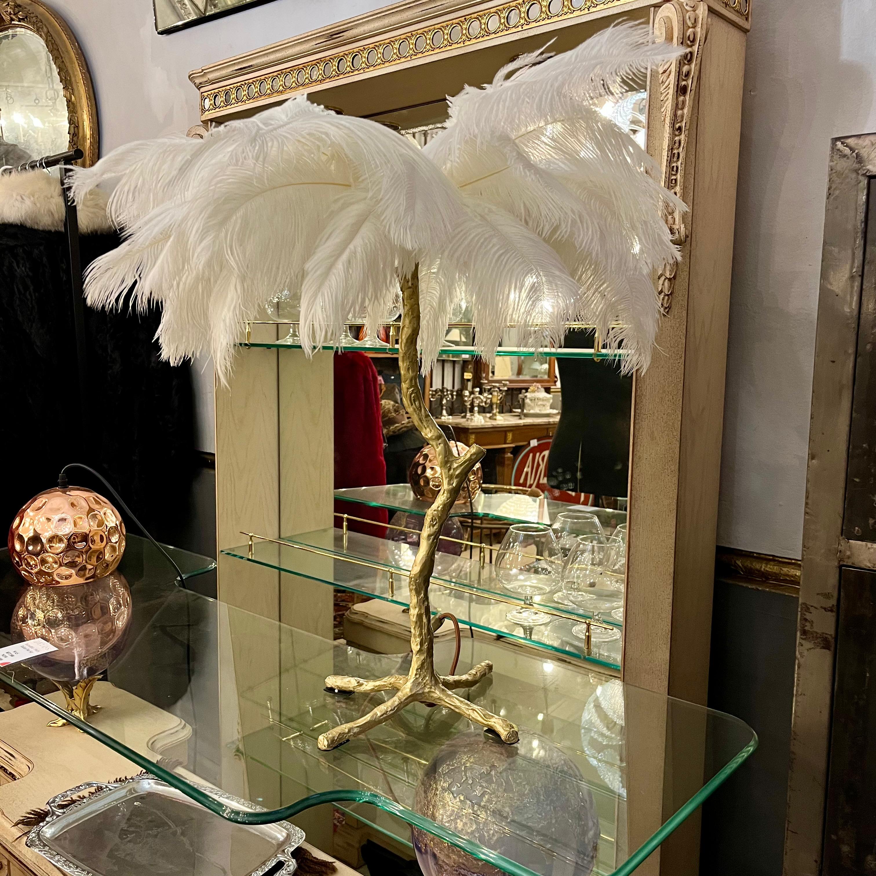 Solid Brass Ostrich Feather Table Lamp, Contemporary