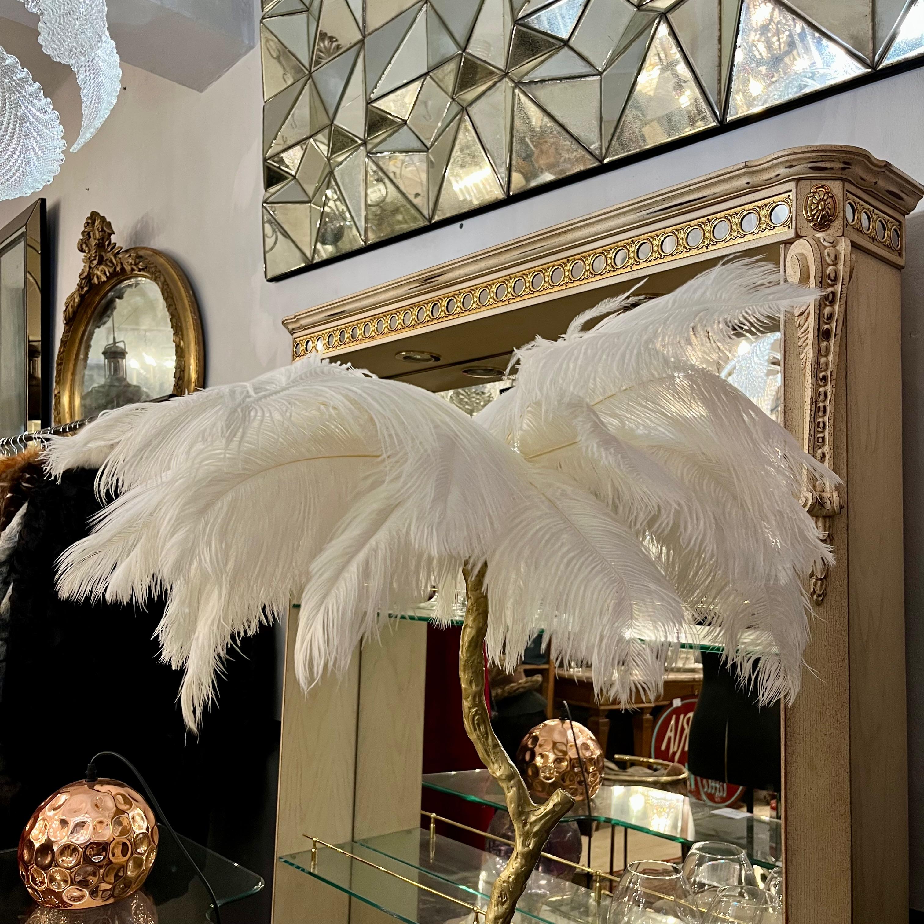 Solid Brass Ostrich Feather Table Lamp, Contemporary