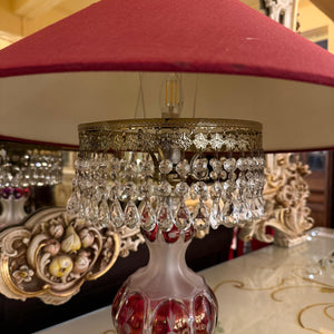 Bohemian Red Glass Lamp with Crystal Fringe, Mid-20th Century