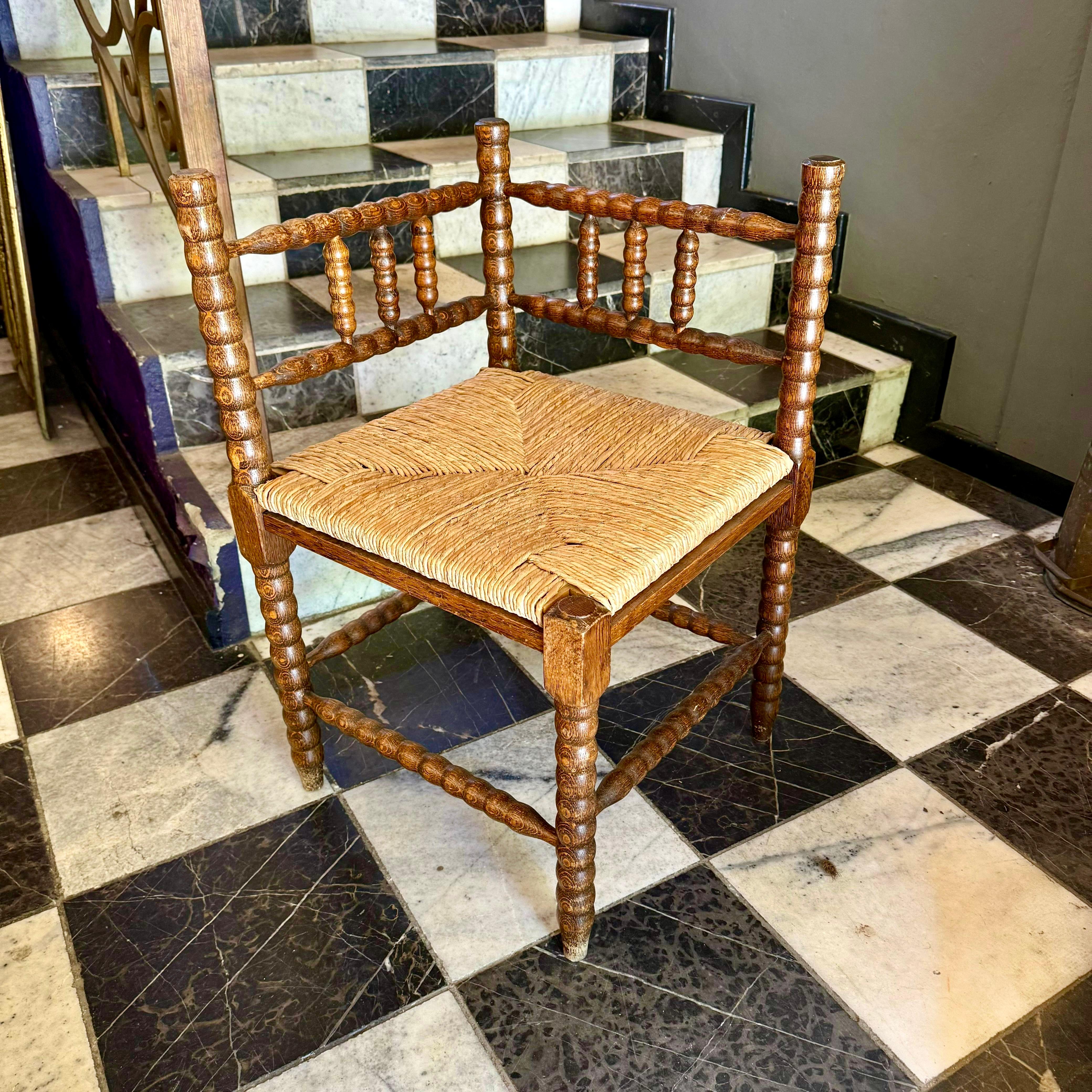Antique Twisted Oak Corner Chair with Rattan Seat