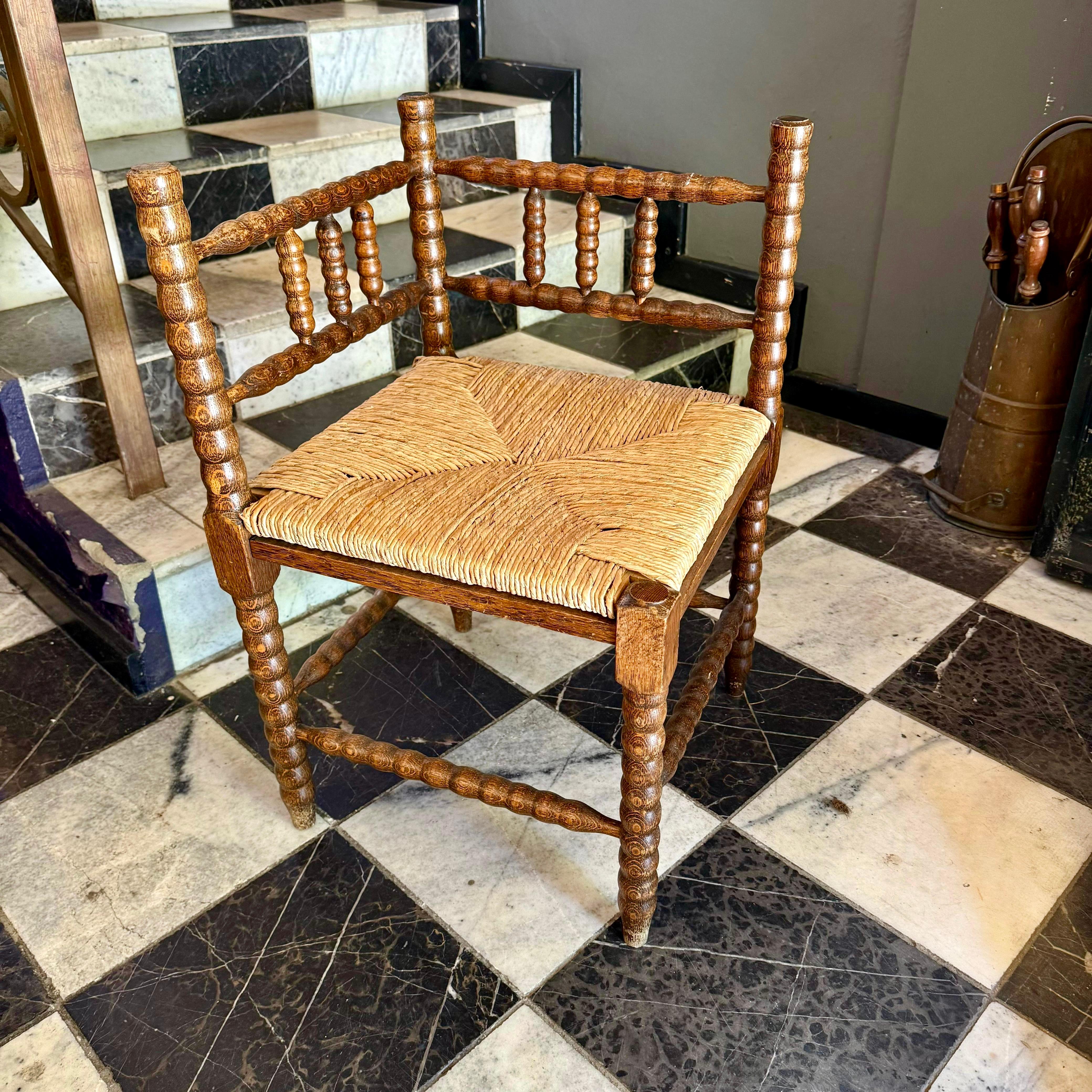 Antique Twisted Oak Corner Chair with Rattan Seat