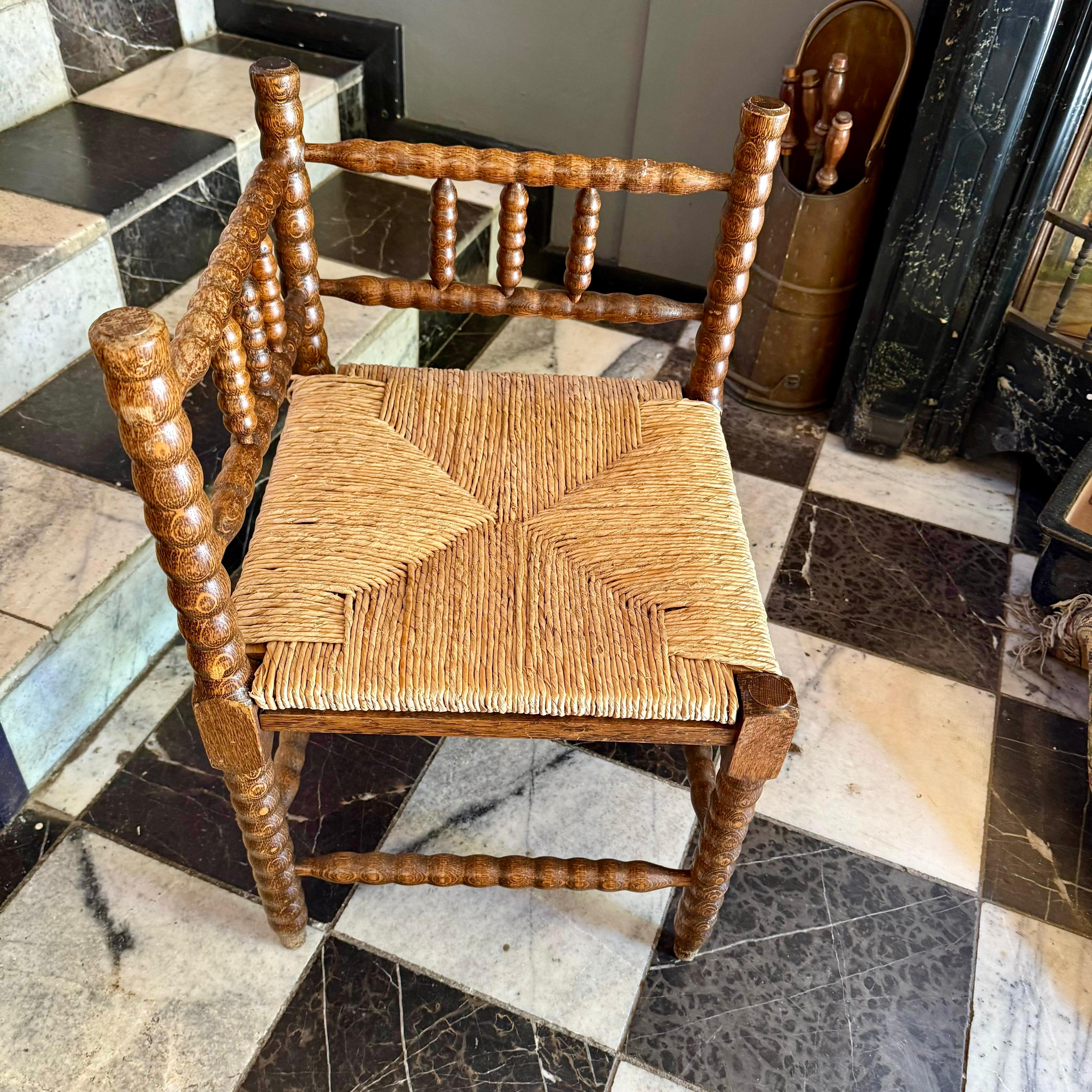 Antique Twisted Oak Corner Chair with Rattan Seat