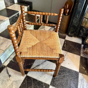 Antique Twisted Oak Corner Chair with Rattan Seat