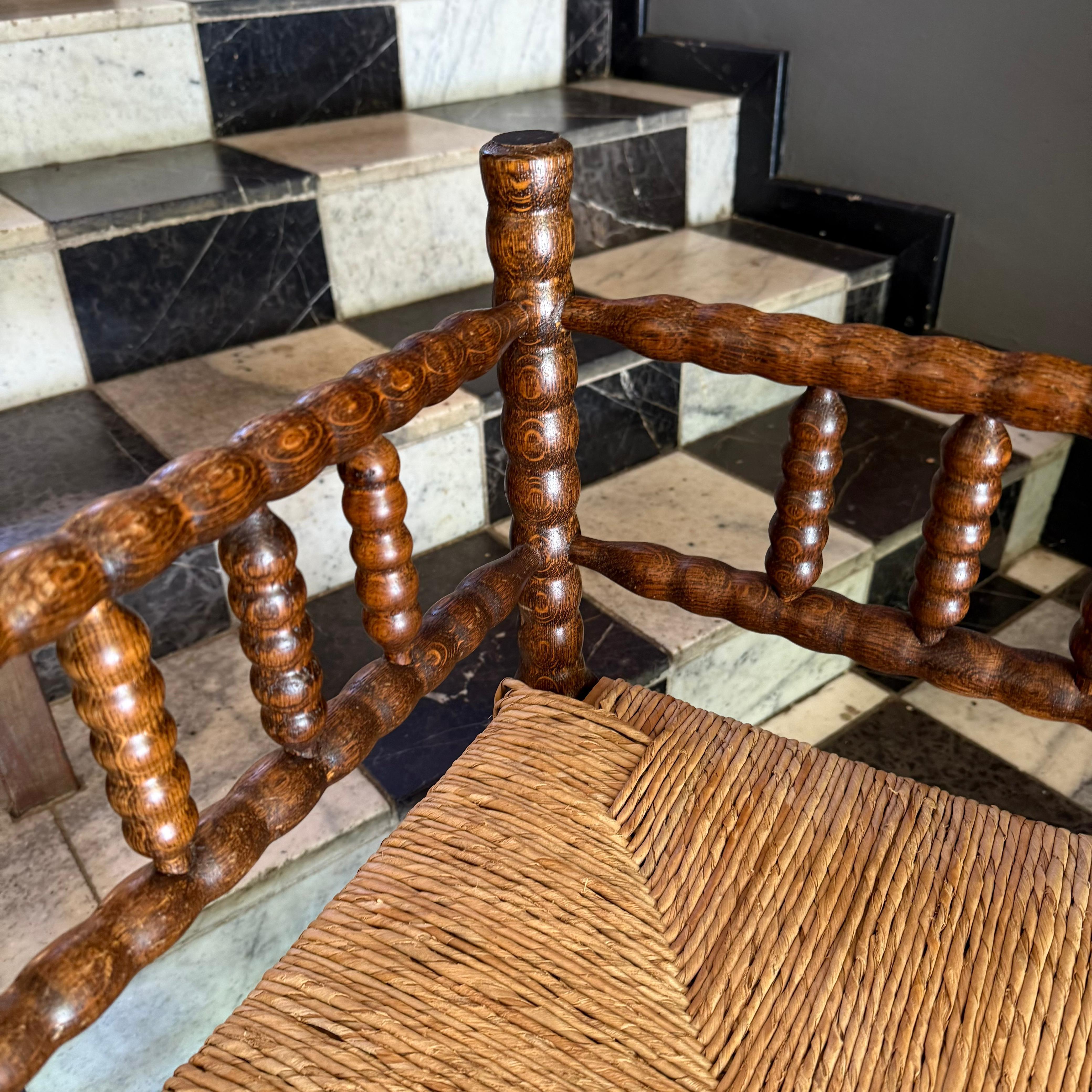 Antique Twisted Oak Corner Chair with Rattan Seat