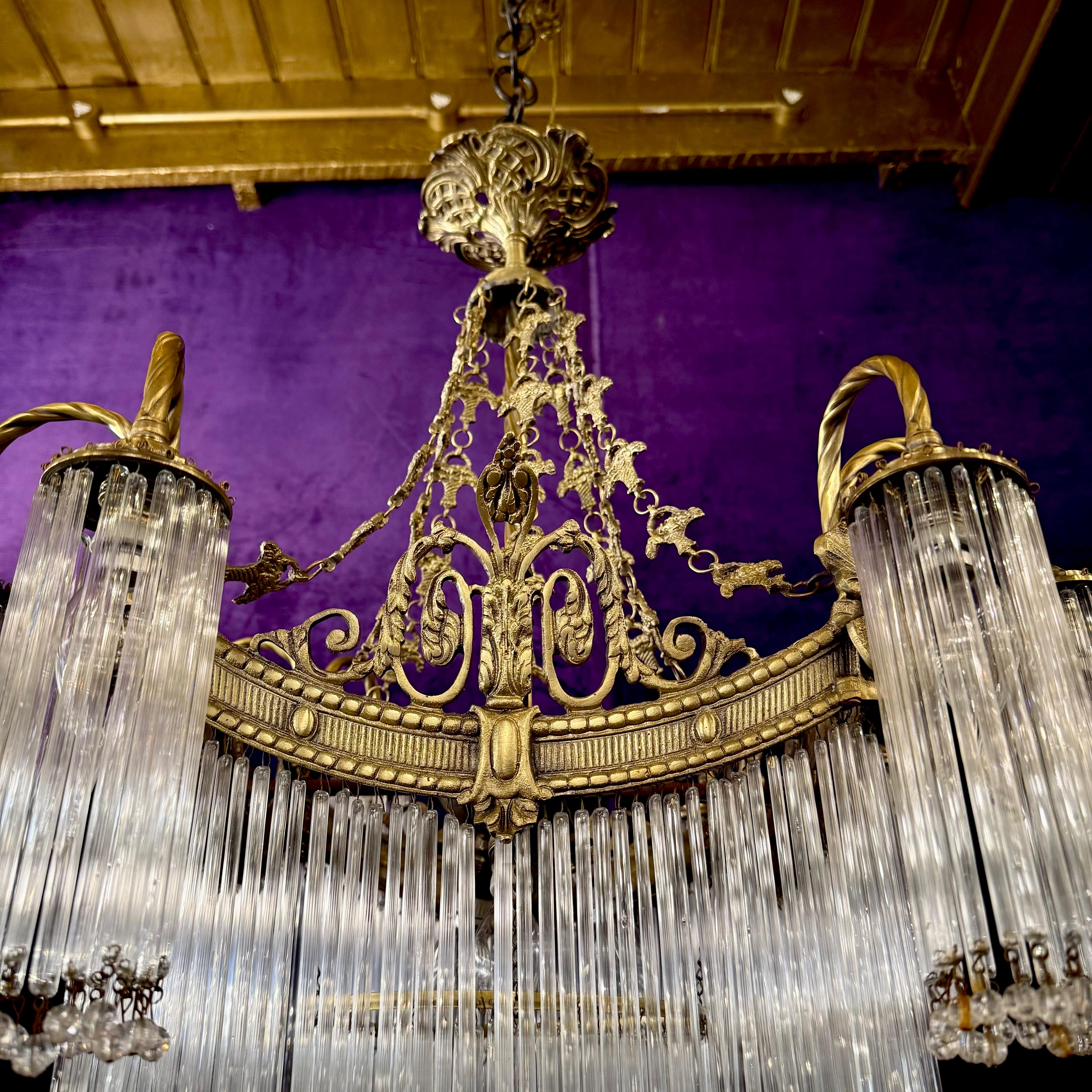 Large Tiered Brass and Glass Fringe Chandelier, c. 1910s–1920s