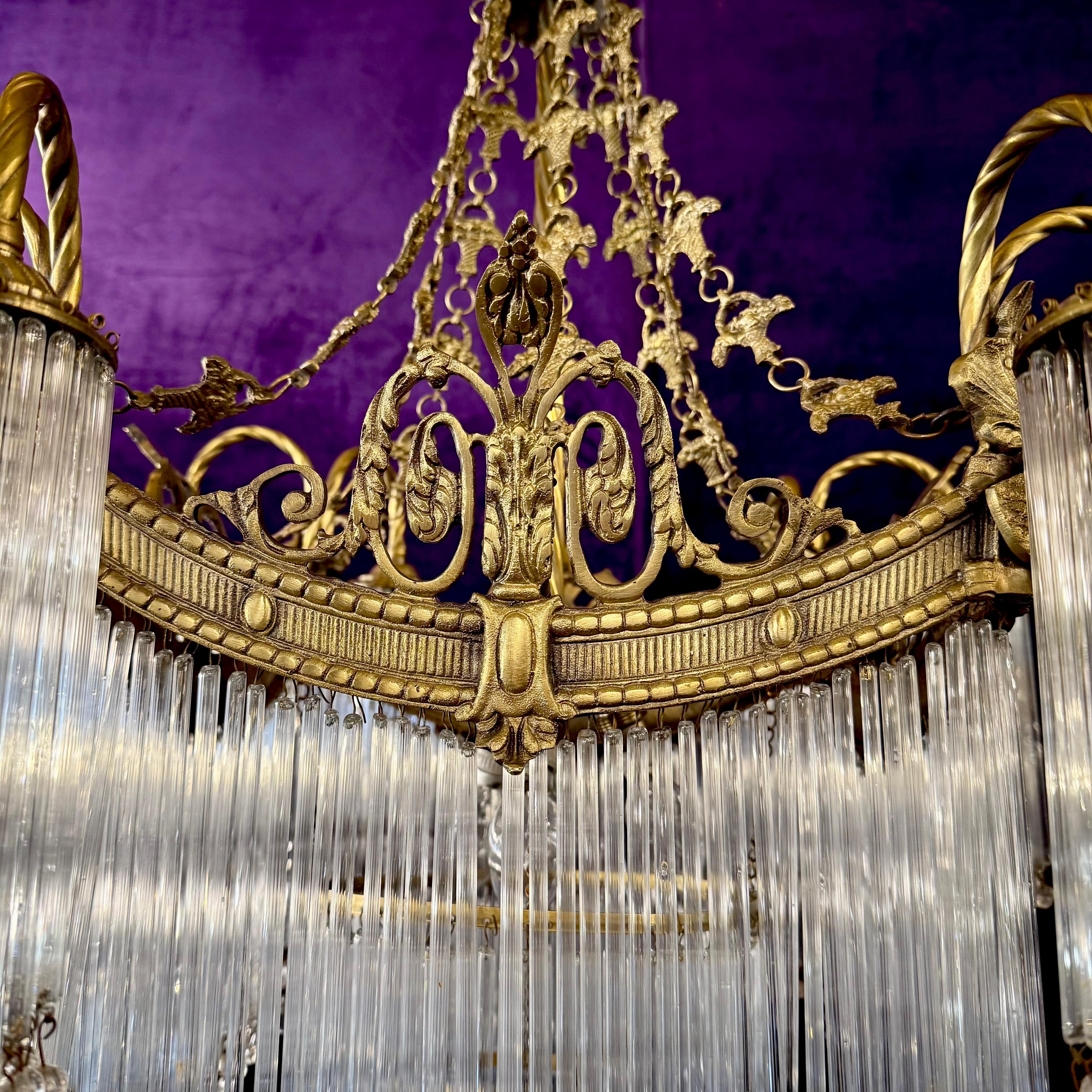 Large Tiered Brass and Glass Fringe Chandelier, c. 1910s–1920s