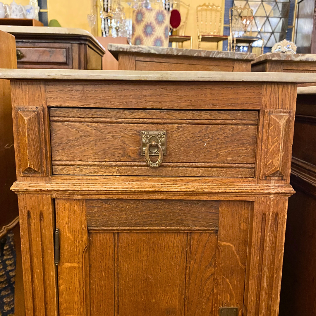 Antique Oak Bedside Pedestals with White Marble Top