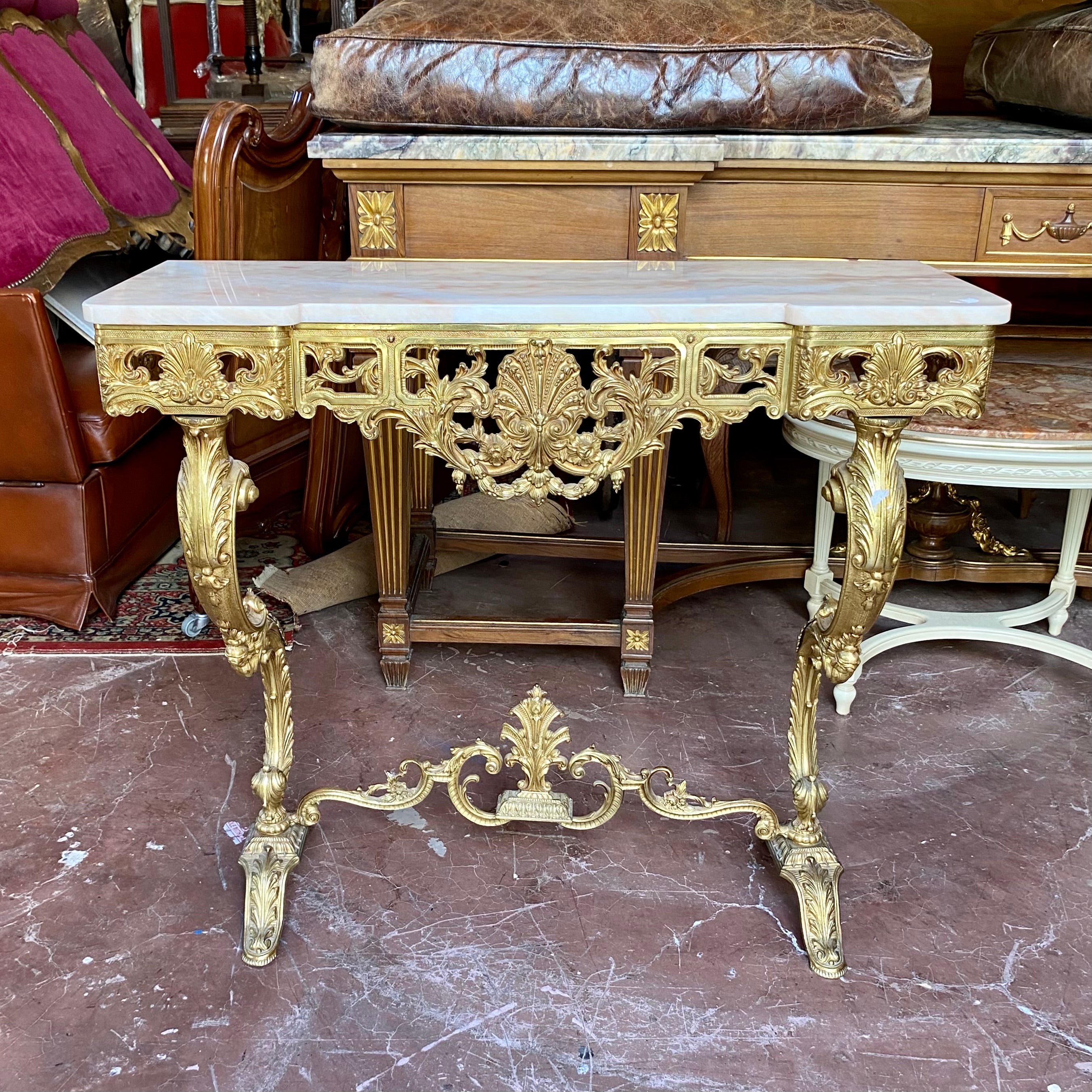 Elegant Antique Gilt Brass Console and Mirror