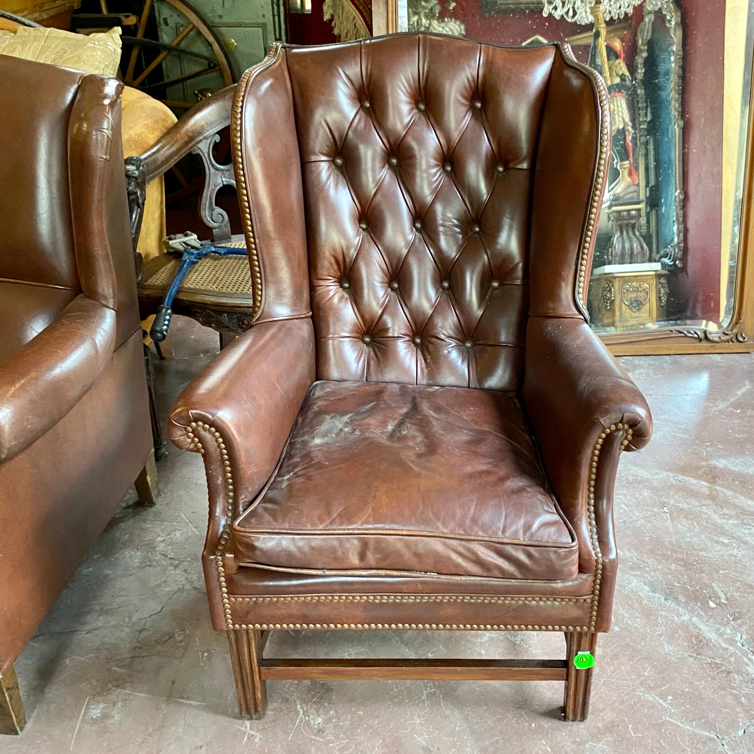 Dark Leather Chesterfield Wingback Armchair