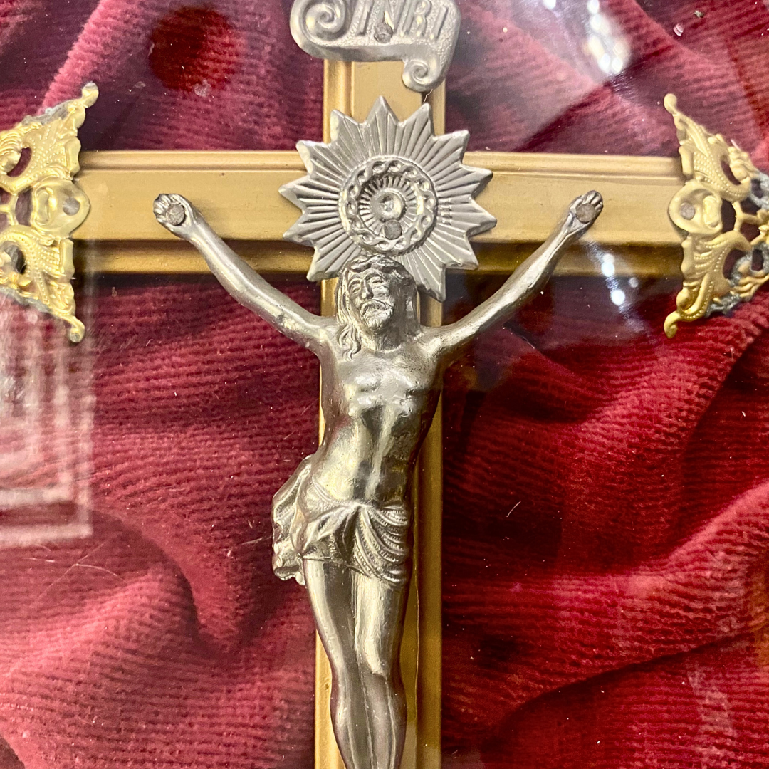 A Very Special Antique Crucifix in a Curved Glass Frame