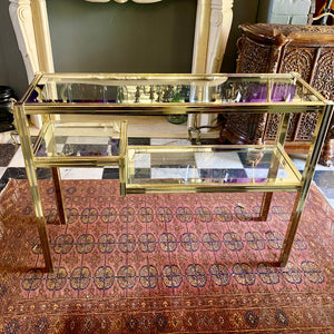 Vintage Polished Brass and Glass Mirror Console Set