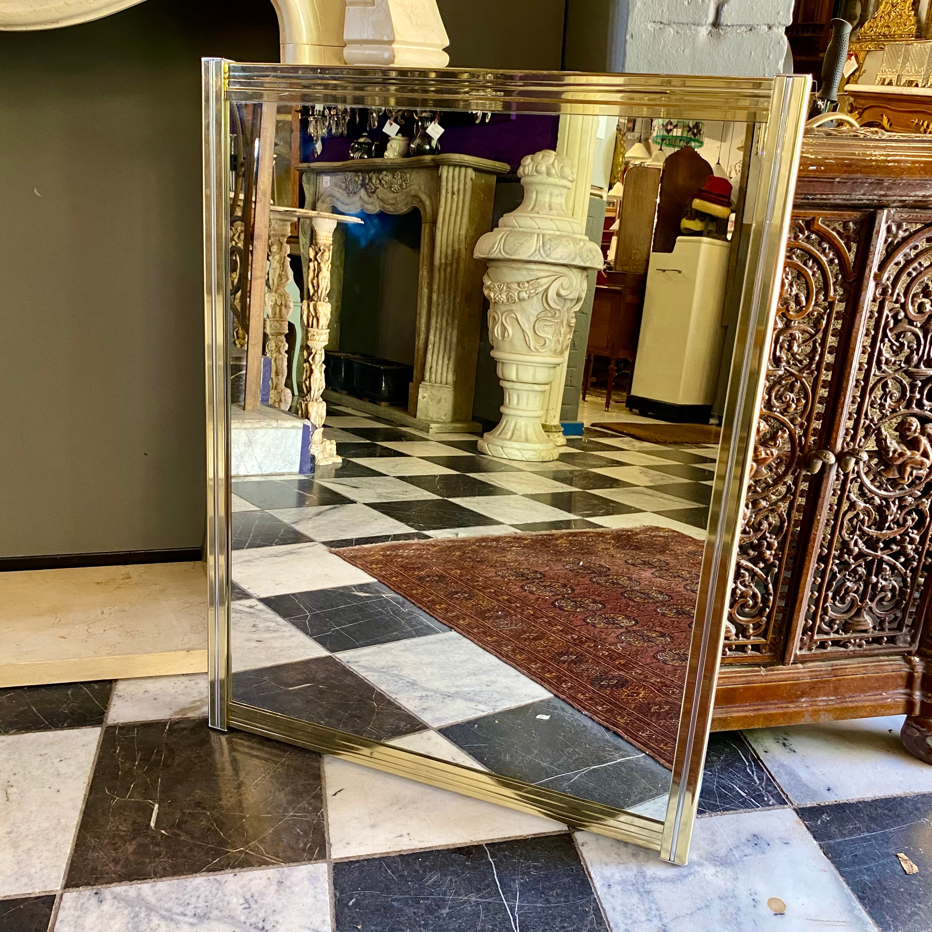 Vintage Polished Brass and Glass Mirror Console Set