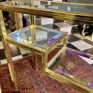 Vintage Polished Brass and Glass Mirror Console Set