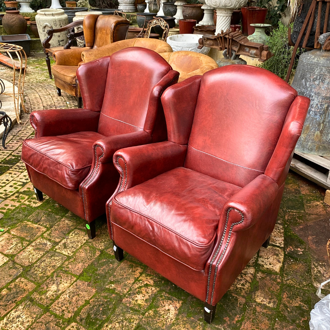 Pair of Burgundy Leather Wingback Armchairs