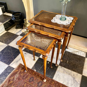 Beautiful Antique Oak and Rattan Nesting Tables - SOLD