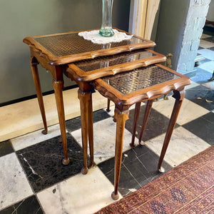 Beautiful Antique Oak and Rattan Nesting Tables - SOLD