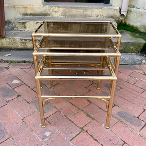 Vintage Brass and Smokey Glass Nesting Tables