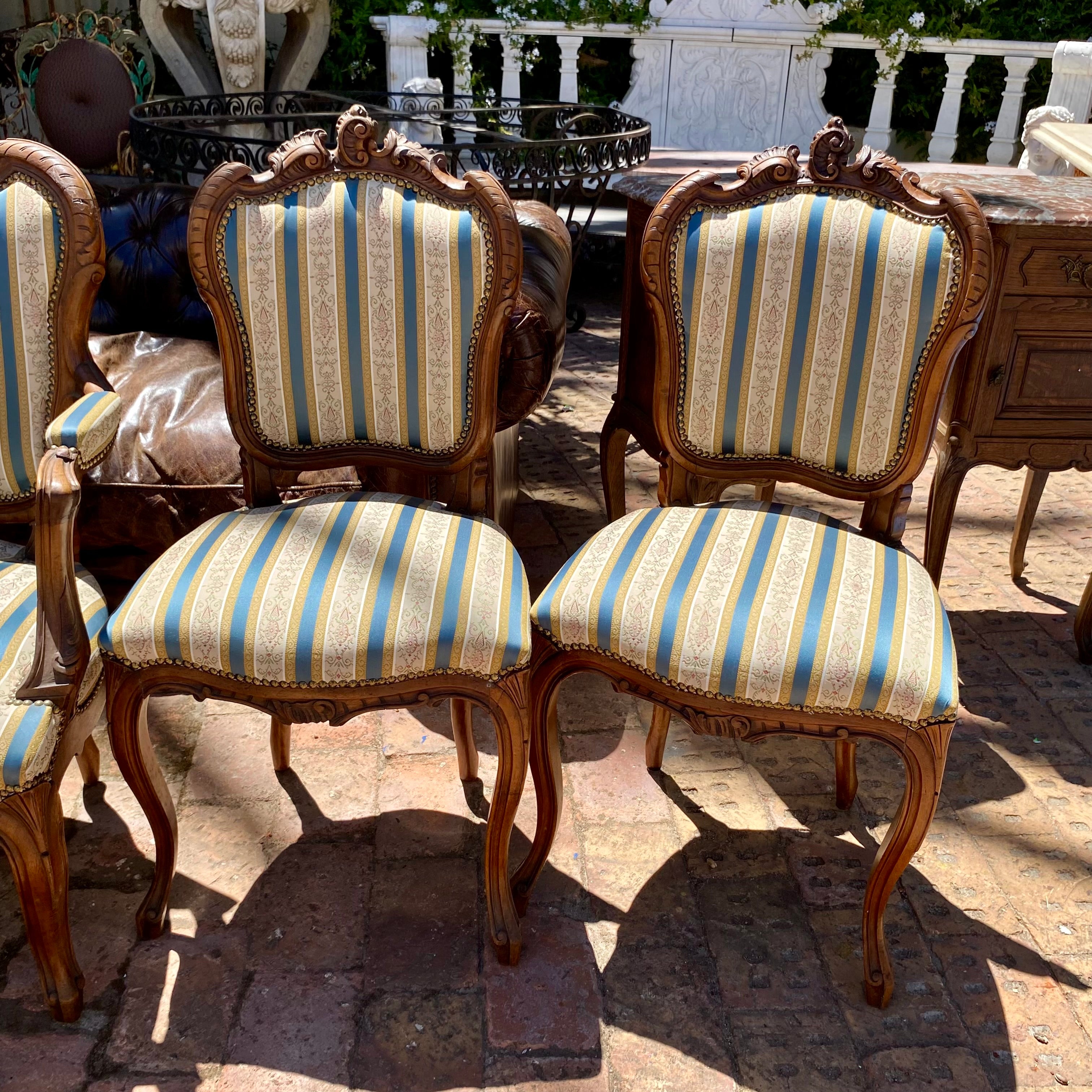 Antique Carved Walnut Saloon Set with Striped Upholstery