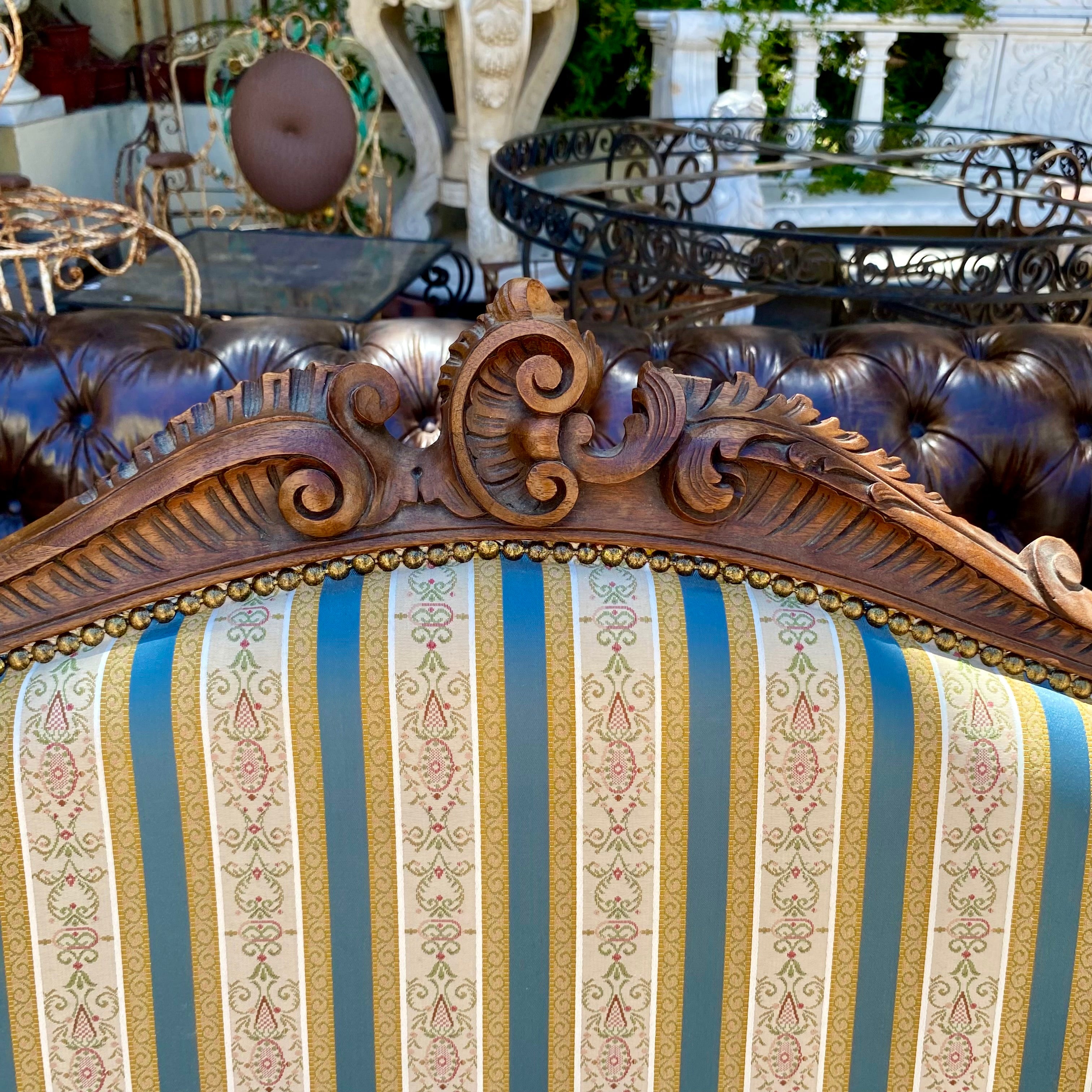 Antique Carved Walnut Saloon Set with Striped Upholstery