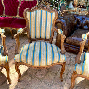 Antique Carved Walnut Saloon Set with Striped Upholstery