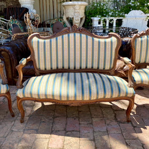 Antique Carved Walnut Saloon Set with Striped Upholstery